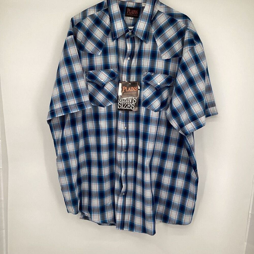 NWT Men's Big‎ and Tall Plains Western Pearl Snap Plaid 3XL Blue/white/red